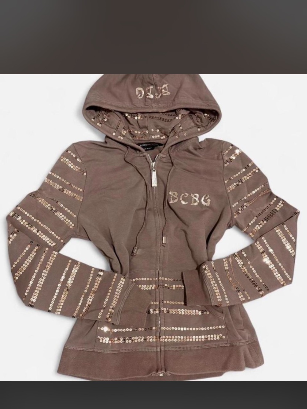 BCBG Brown Sequin-Embellished Zip Hoodie - Picture 4 of 5